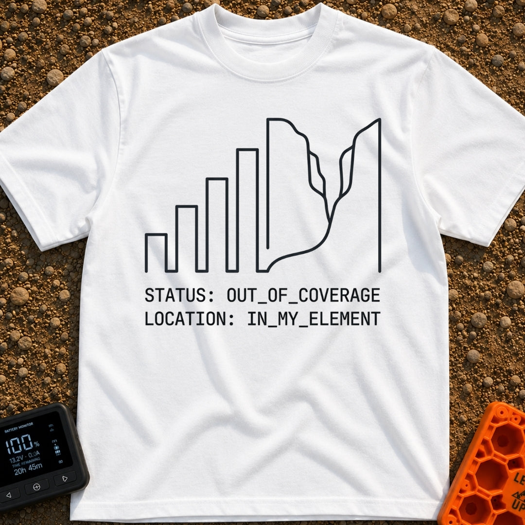 Signal Lost, Adventure On - T-Shirt in White - A minimalist black line drawing that transitions from ascending cell phone...