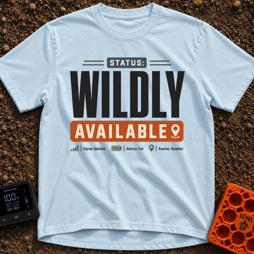 Wildly Available Status - T-Shirt in Chambray - A typographic design featuring the text "STATUS: WILDLY AVAILABLE"...