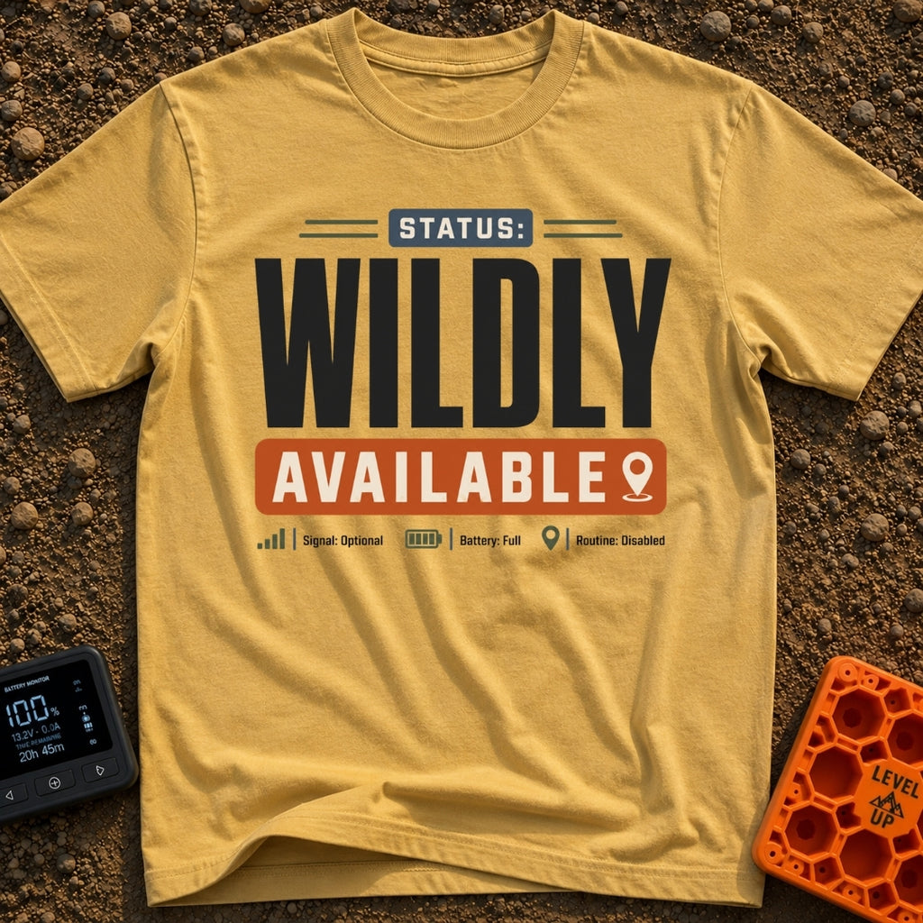 Wildly Available Status - T-Shirt in Mustard - A typographic design featuring the text "STATUS: WILDLY AVAILABLE" stacked...