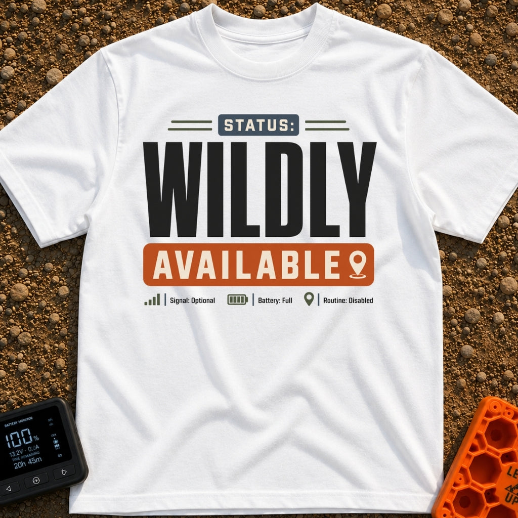 Wildly Available Status - T-Shirt in White - A typographic design featuring the text "STATUS: WILDLY AVAILABLE" stacked...