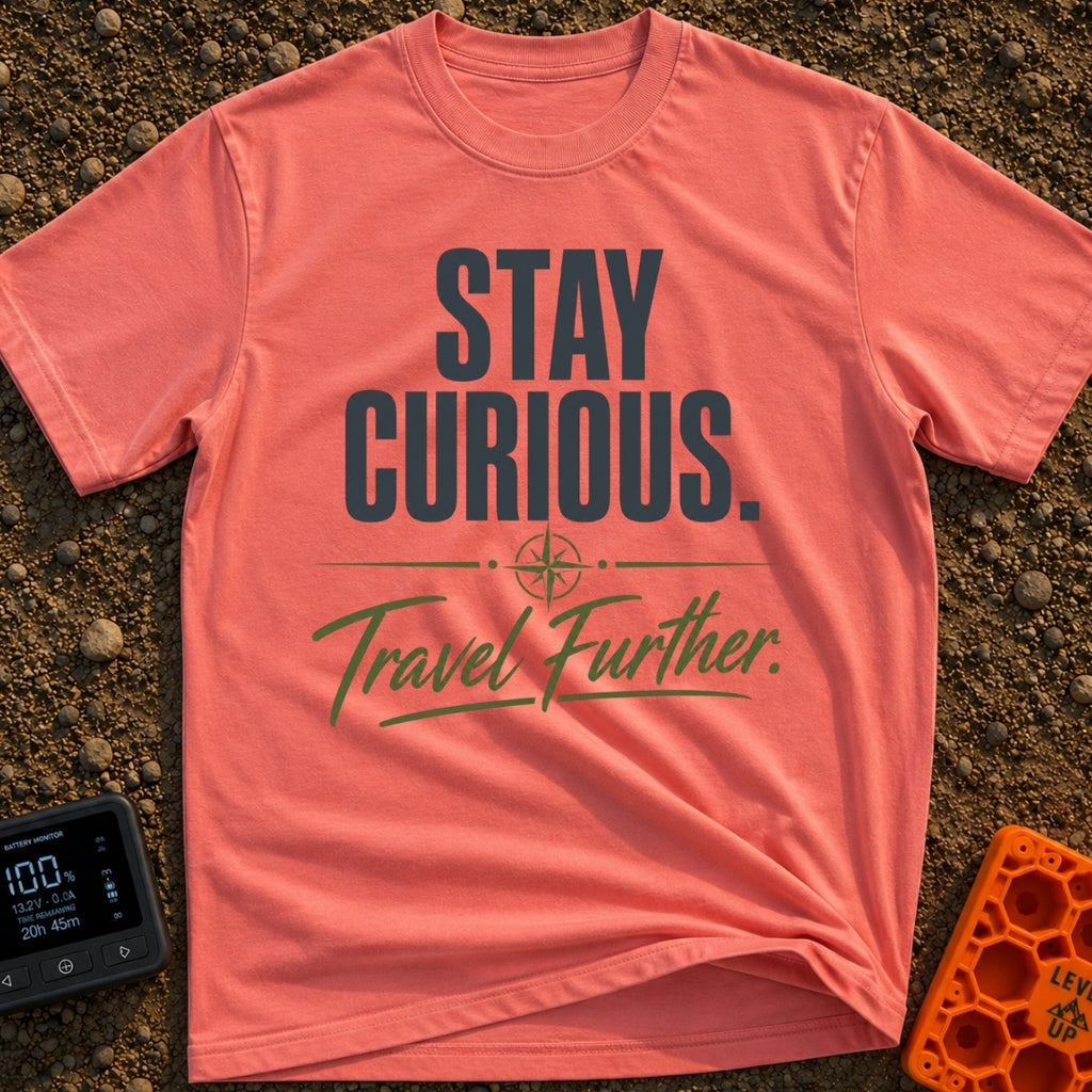 Curiosity Travels Further - T-Shirt in Watermelon - A typographic design featuring the words "STAY CURIOUS." in large,...