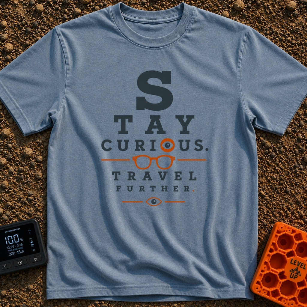 Eye On The Road - T-Shirt in Blue Jean - A typographic design styled like an optometrist's eye chart that reads "STAY...