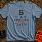 Eye On The Road - T-Shirt in Blue Jean - A typographic design styled like an optometrist's eye chart that reads "STAY...
