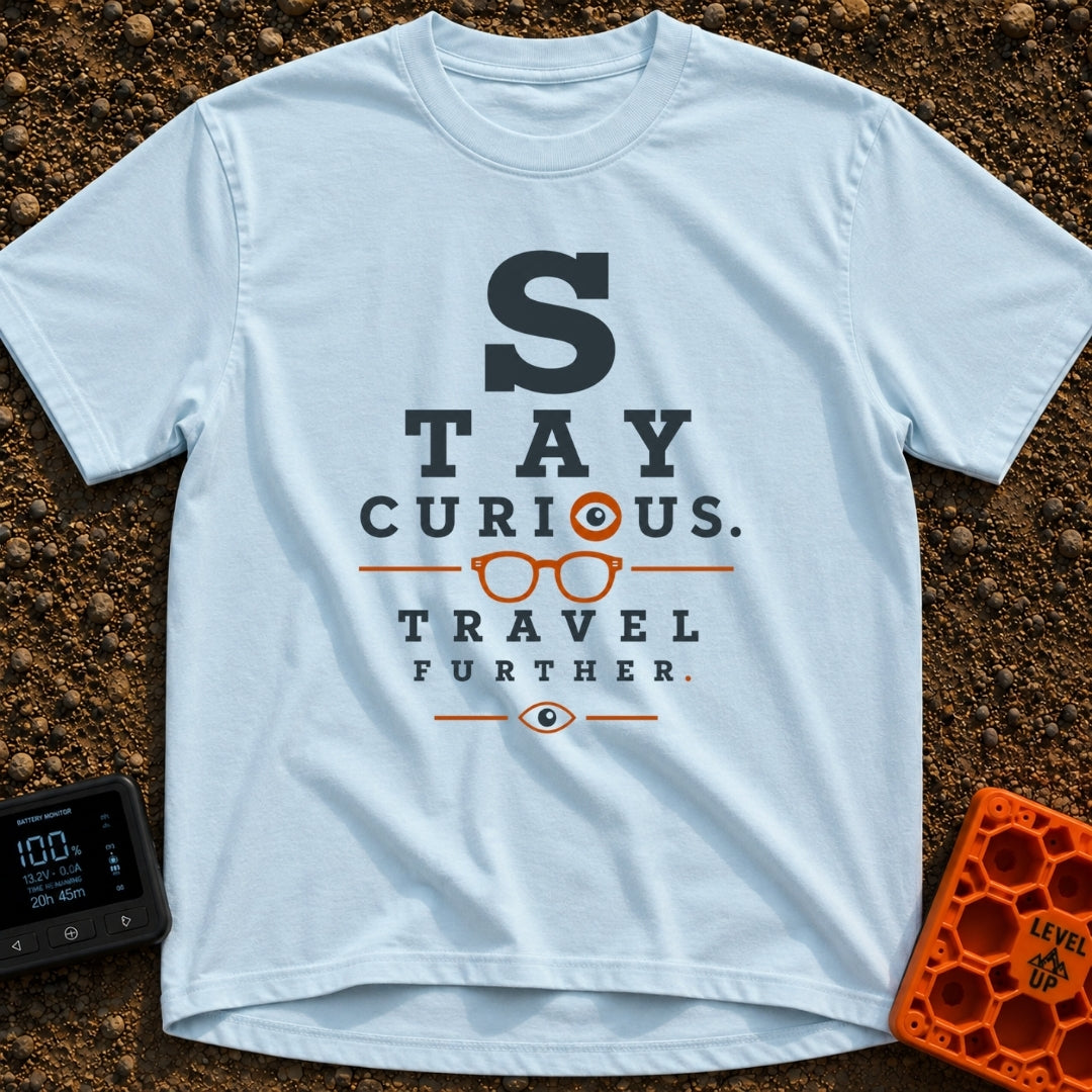 Eye On The Road - T-Shirt in Chambray - A typographic design styled like an optometrist's eye chart that reads "STAY...