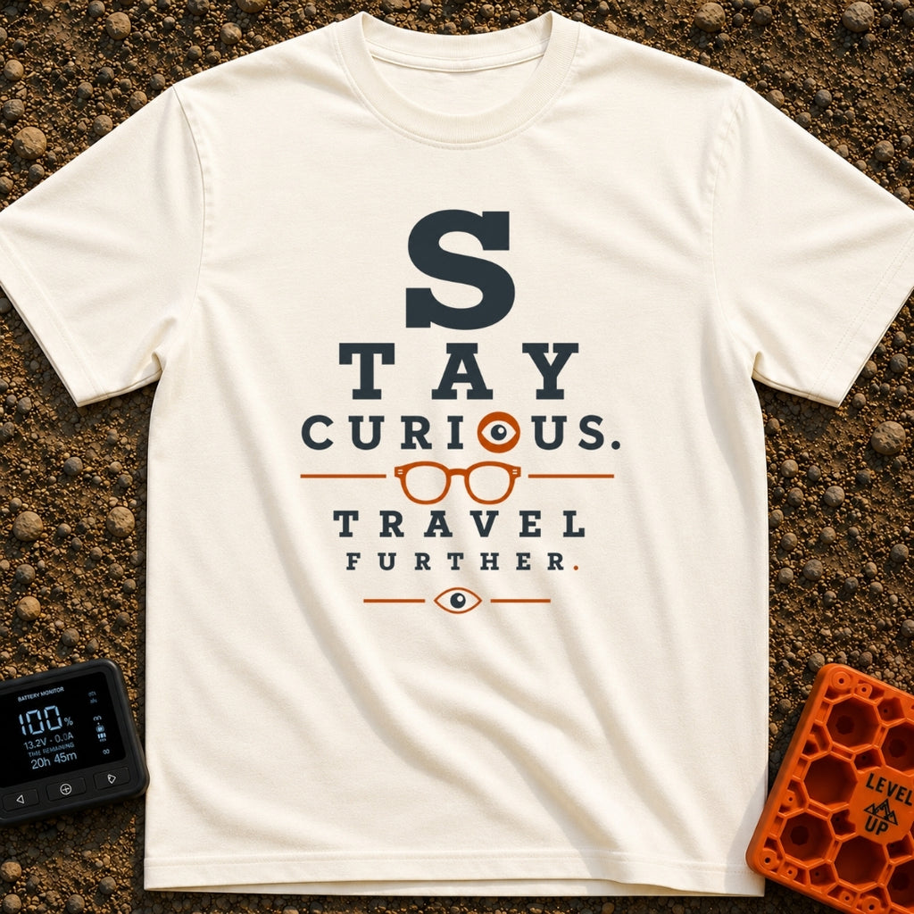 Eye On The Road - T-Shirt in Ivory - A typographic design styled like an optometrist's eye chart that reads "STAY...