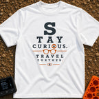 Eye On The Road - T-Shirt in White - A typographic design styled like an optometrist's eye chart that reads "STAY...
