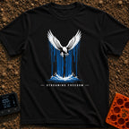 Stream Like An Eagle - T-Shirt in Black - A stylized illustration of a white bald eagle with outspread wings descending...