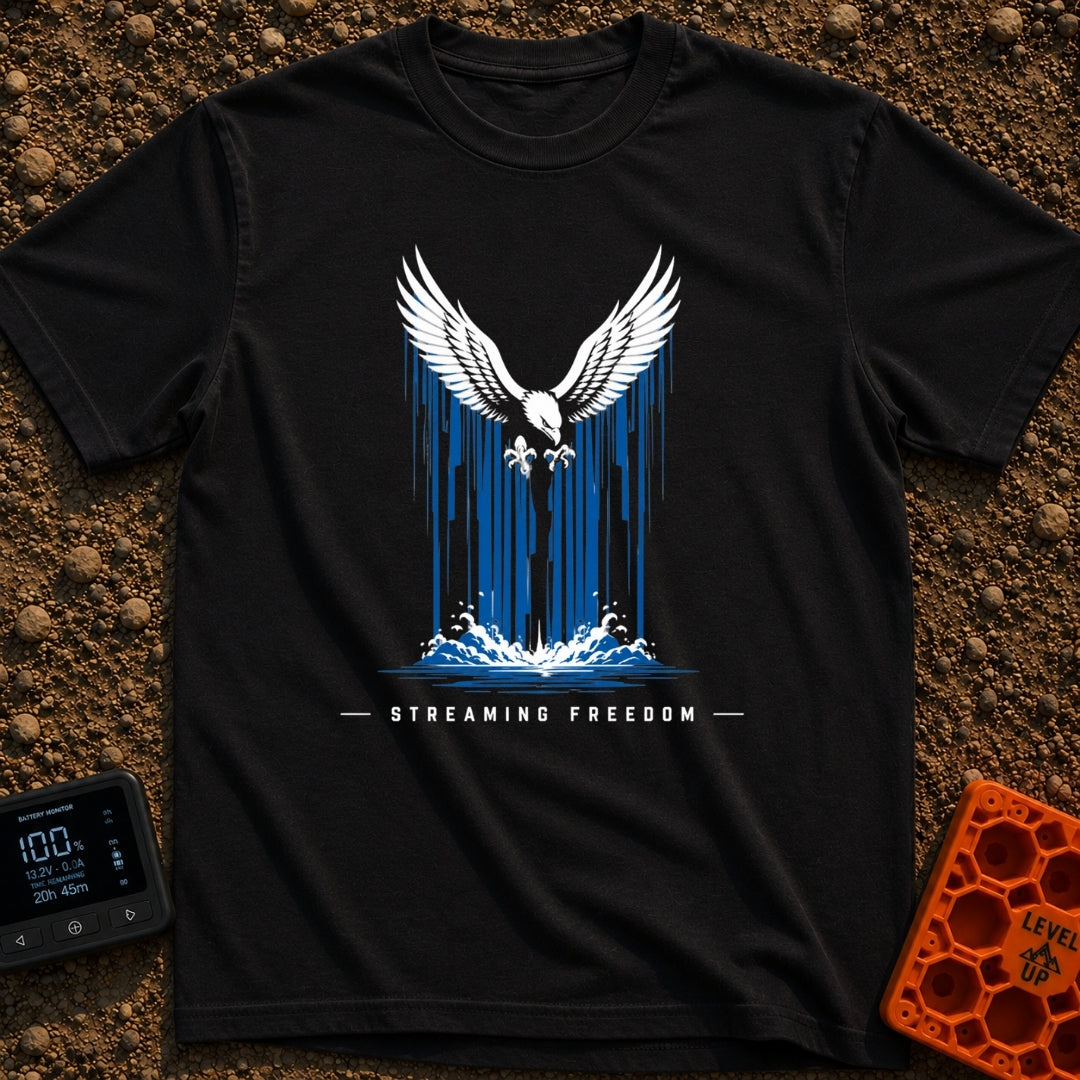 Stream Like An Eagle - T-Shirt in Black - A stylized illustration of a white bald eagle with outspread wings descending...