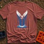 Stream Like An Eagle - T-Shirt in Brick - A stylized illustration of a white bald eagle with outspread wings descending...
