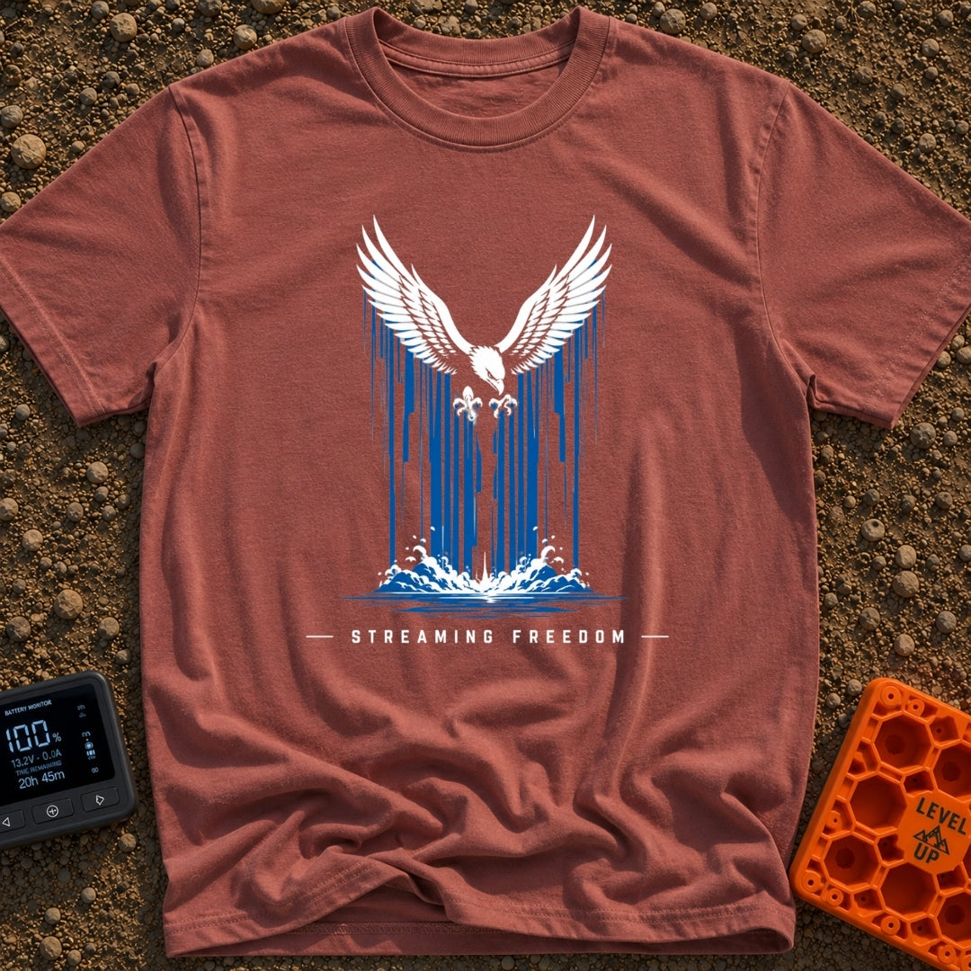 Stream Like An Eagle - T-Shirt in Brick - A stylized illustration of a white bald eagle with outspread wings descending...