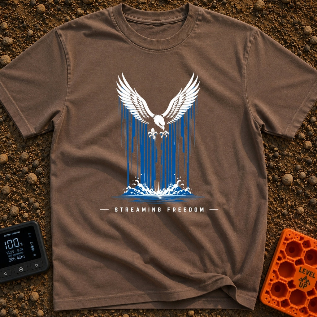 Stream Like An Eagle - T-Shirt in Espresso - A stylized illustration of a white bald eagle with outspread wings...