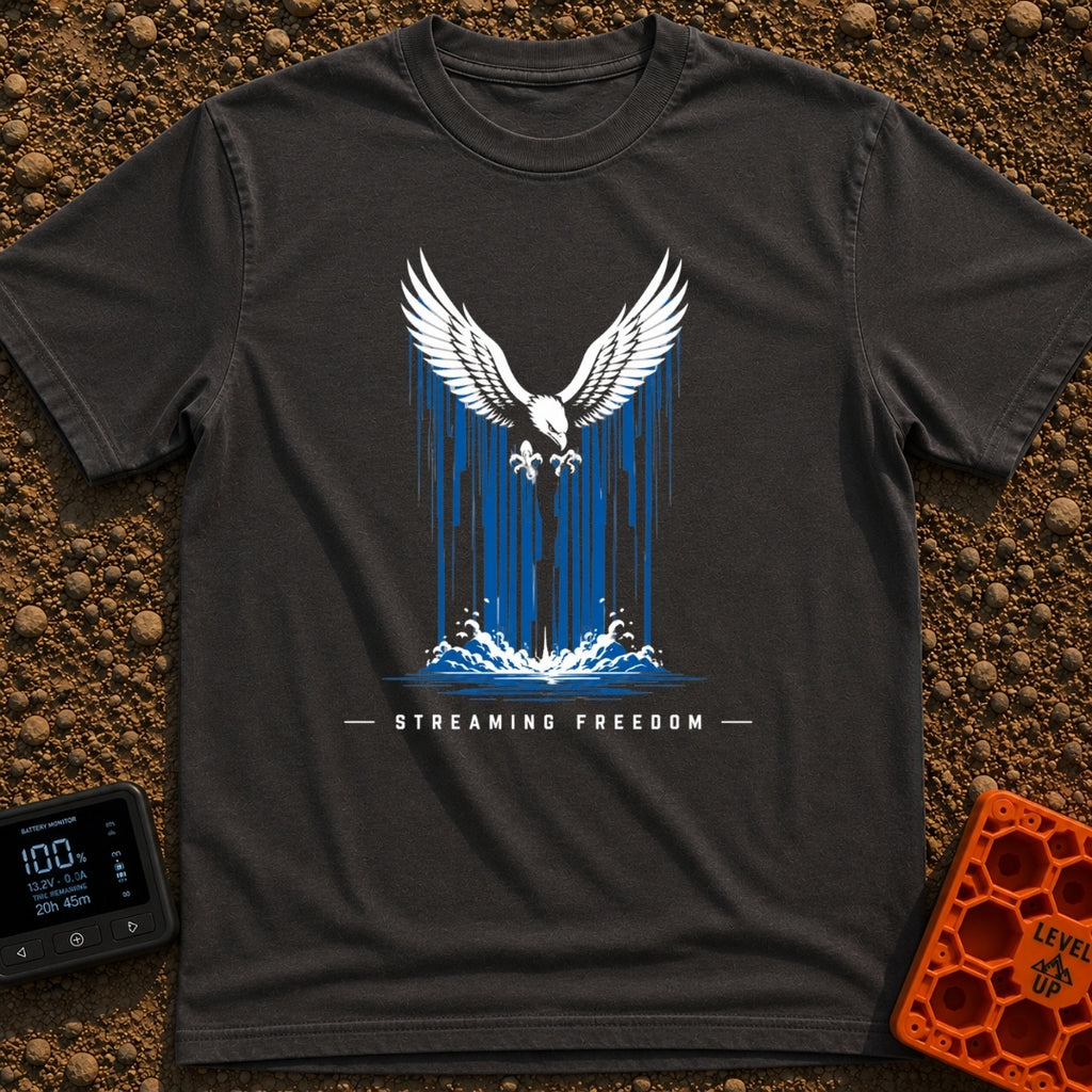 Stream Like An Eagle - T-Shirt in Graphite - A stylized illustration of a white bald eagle with outspread wings...