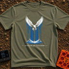 Stream Like An Eagle - T-Shirt in Moss - A stylized illustration of a white bald eagle with outspread wings descending in...