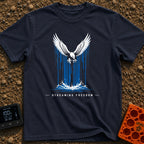 Stream Like An Eagle - T-Shirt in Navy - A stylized illustration of a white bald eagle with outspread wings descending in...