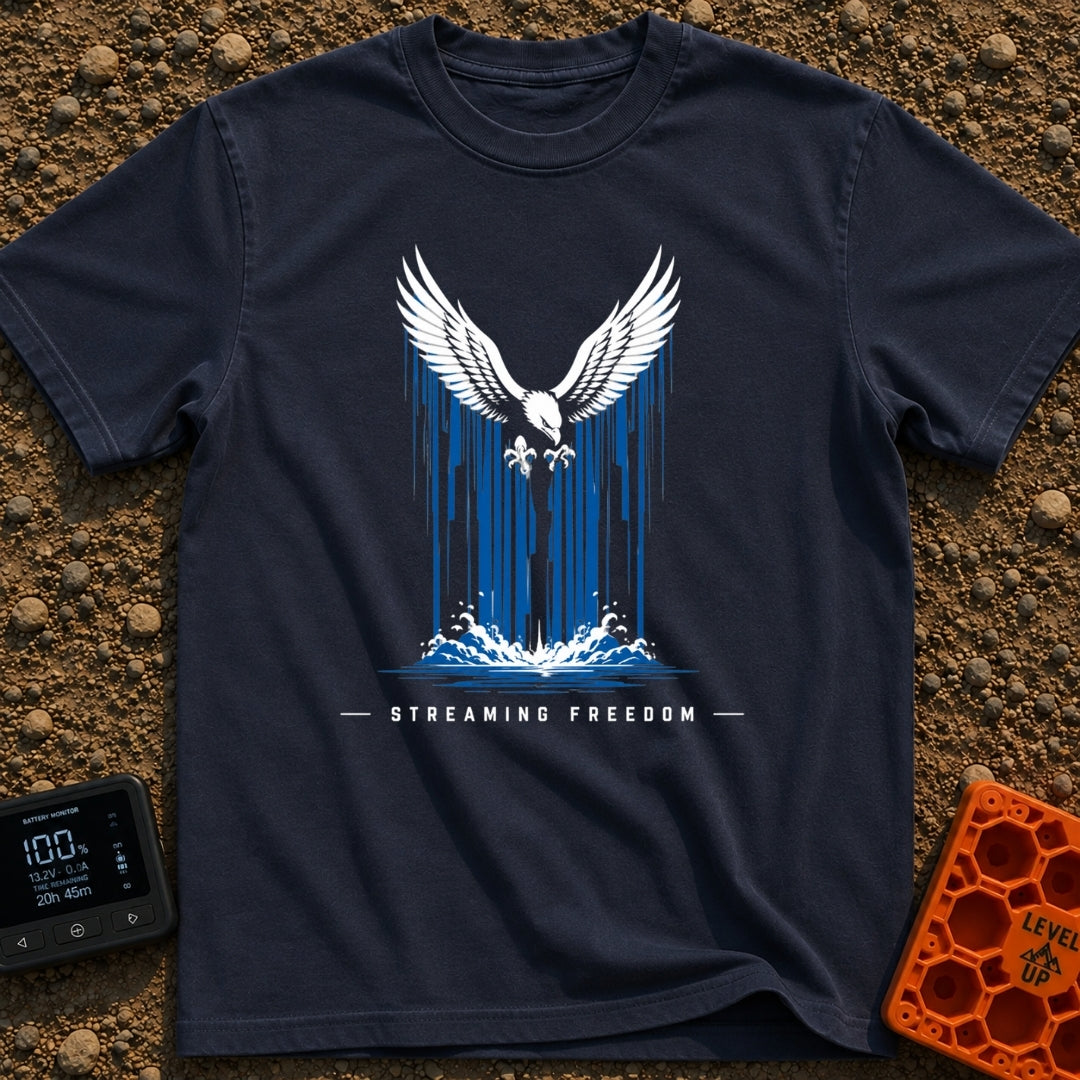 Stream Like An Eagle - T-Shirt in Navy - A stylized illustration of a white bald eagle with outspread wings descending in...