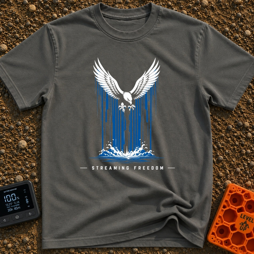 Stream Like An Eagle - T-Shirt in Pepper - A stylized illustration of a white bald eagle with outspread wings descending...