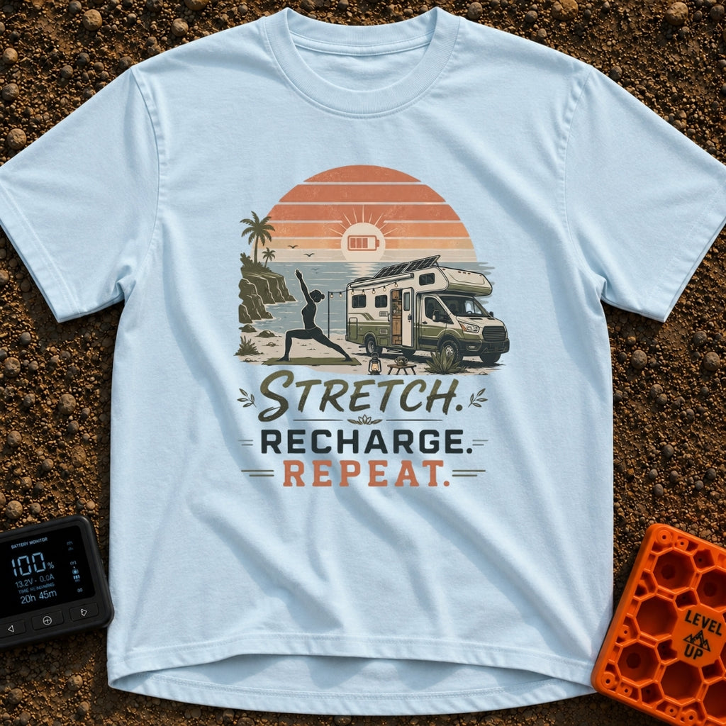 Stretch And Recharge - T-Shirt in Chambray - A silhouette of a woman doing a yoga pose on a mat beside an RV camper...