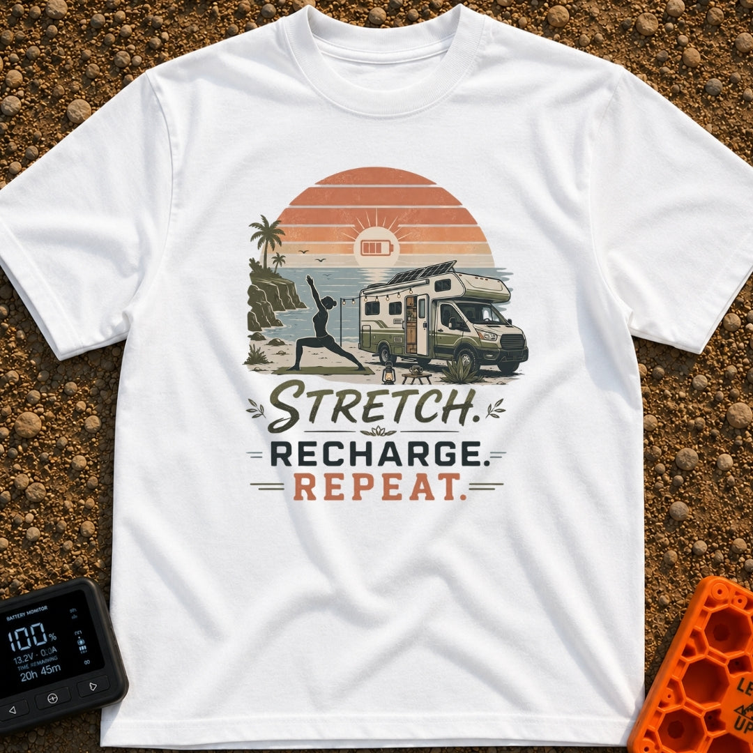 Stretch And Recharge - T-Shirt in White - A silhouette of a woman doing a yoga pose on a mat beside an RV camper parked...