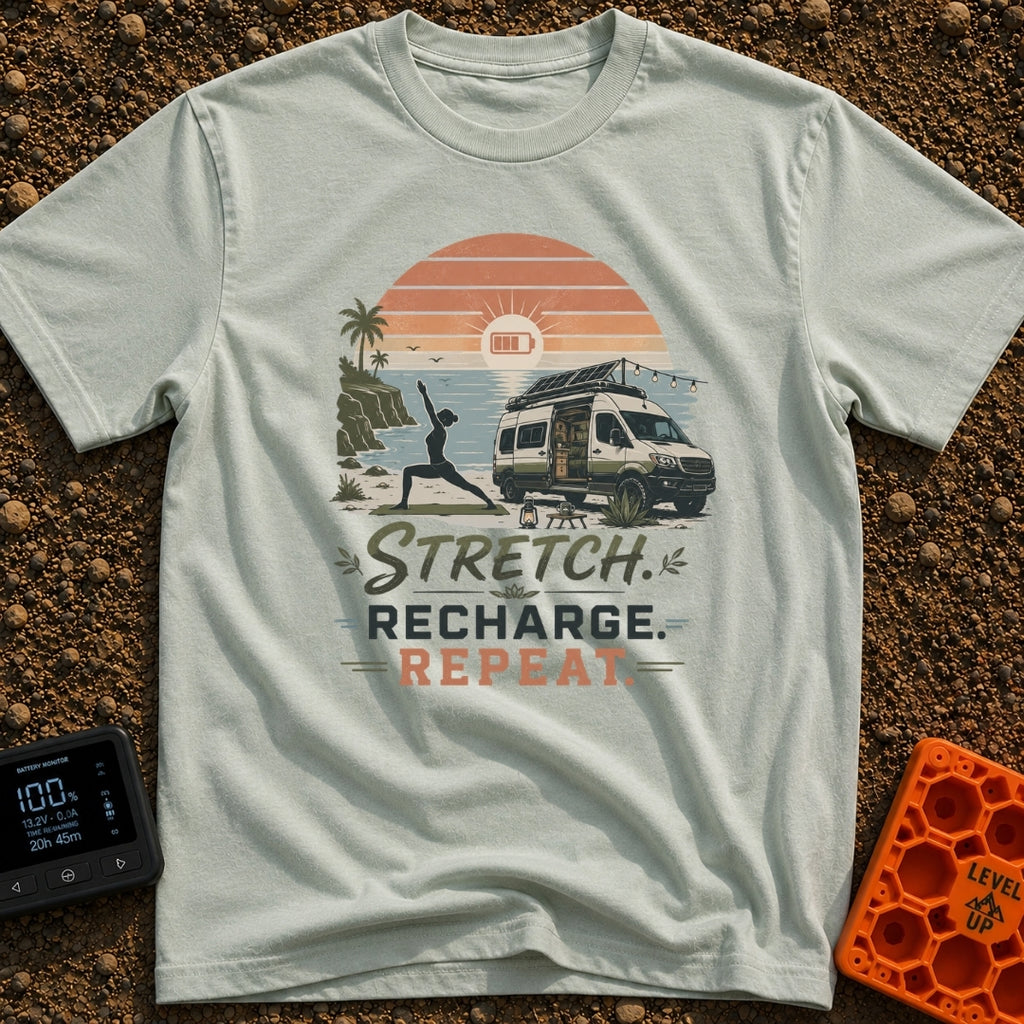Stretch Recharge Repeat - T-Shirt in Bay - A silhouette of a woman doing a yoga pose on a beach next to an open camper...