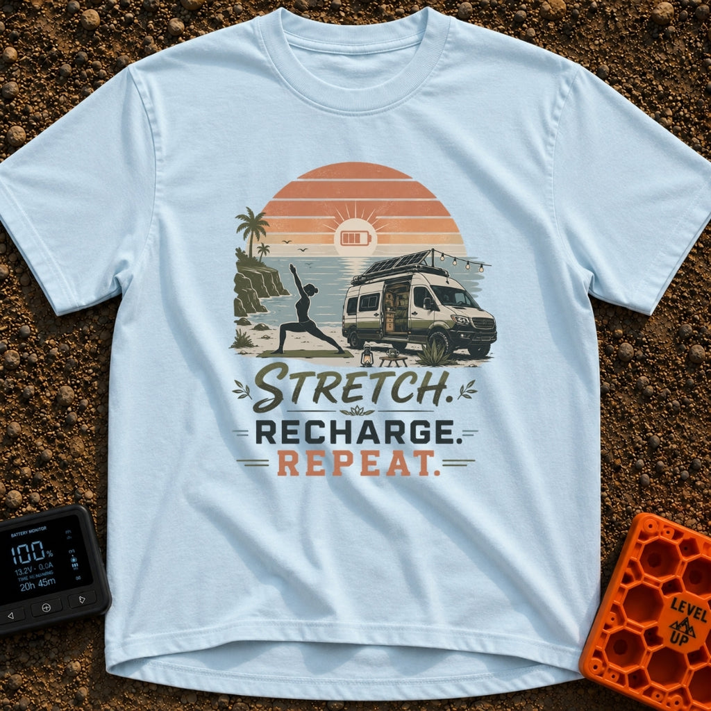 Stretch Recharge Repeat - T-Shirt in Chambray - A silhouette of a woman doing a yoga pose on a beach next to an open...