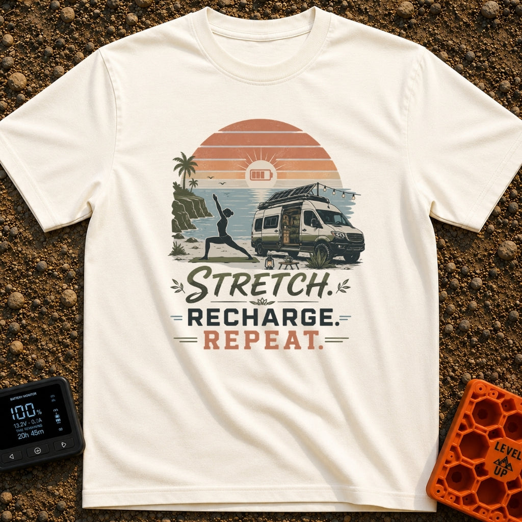 Stretch Recharge Repeat - T-Shirt in Ivory - A silhouette of a woman doing a yoga pose on a beach next to an open camper...