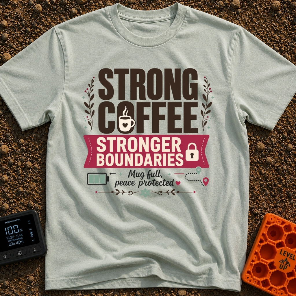 Caffeinated Boundary Boss - T-Shirt in Bay - A typographic design reading "STRONG COFFEE STRONGER BOUNDARIES" and "Mug...