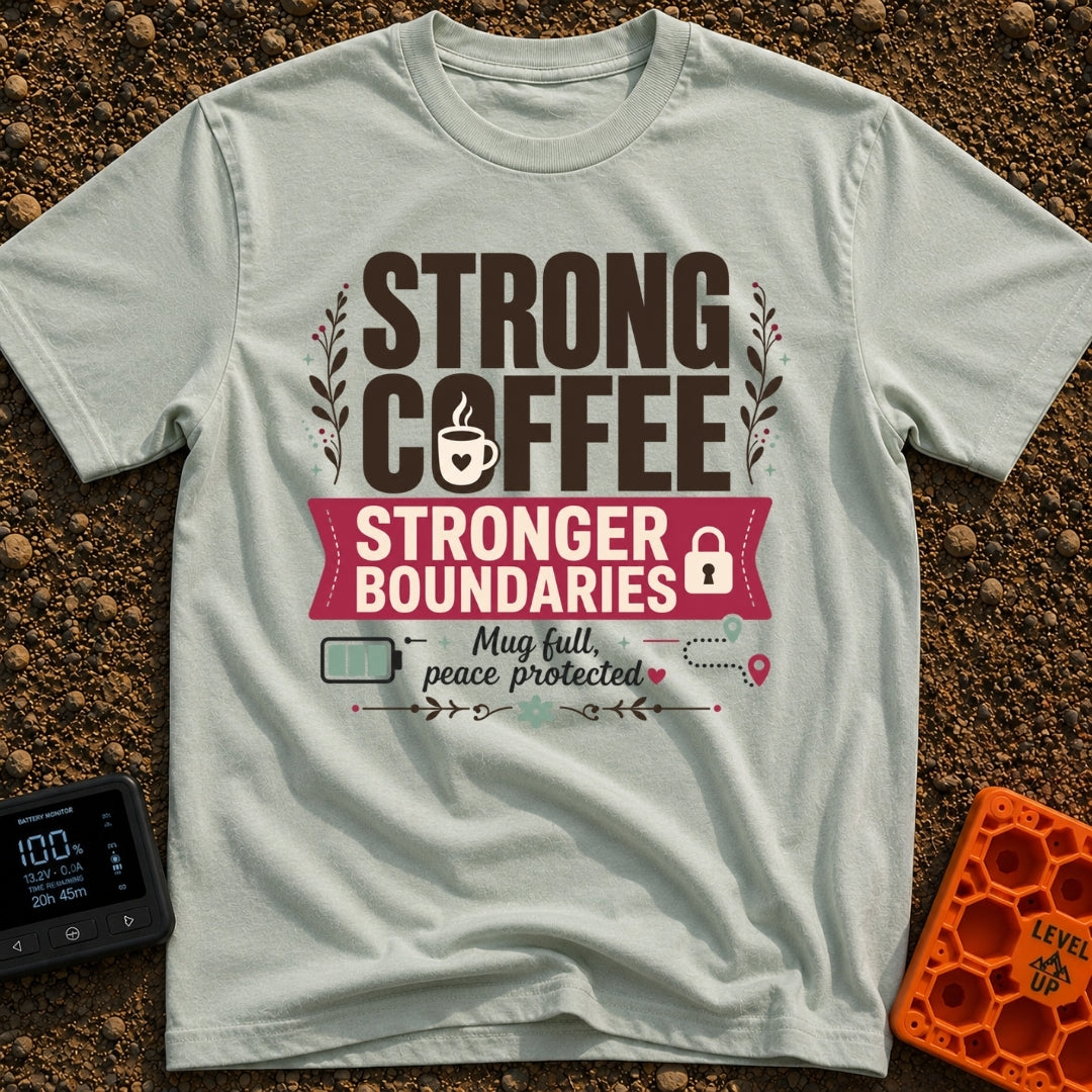 Caffeinated Boundary Boss - T-Shirt in Bay - A typographic design reading "STRONG COFFEE STRONGER BOUNDARIES" and "Mug...