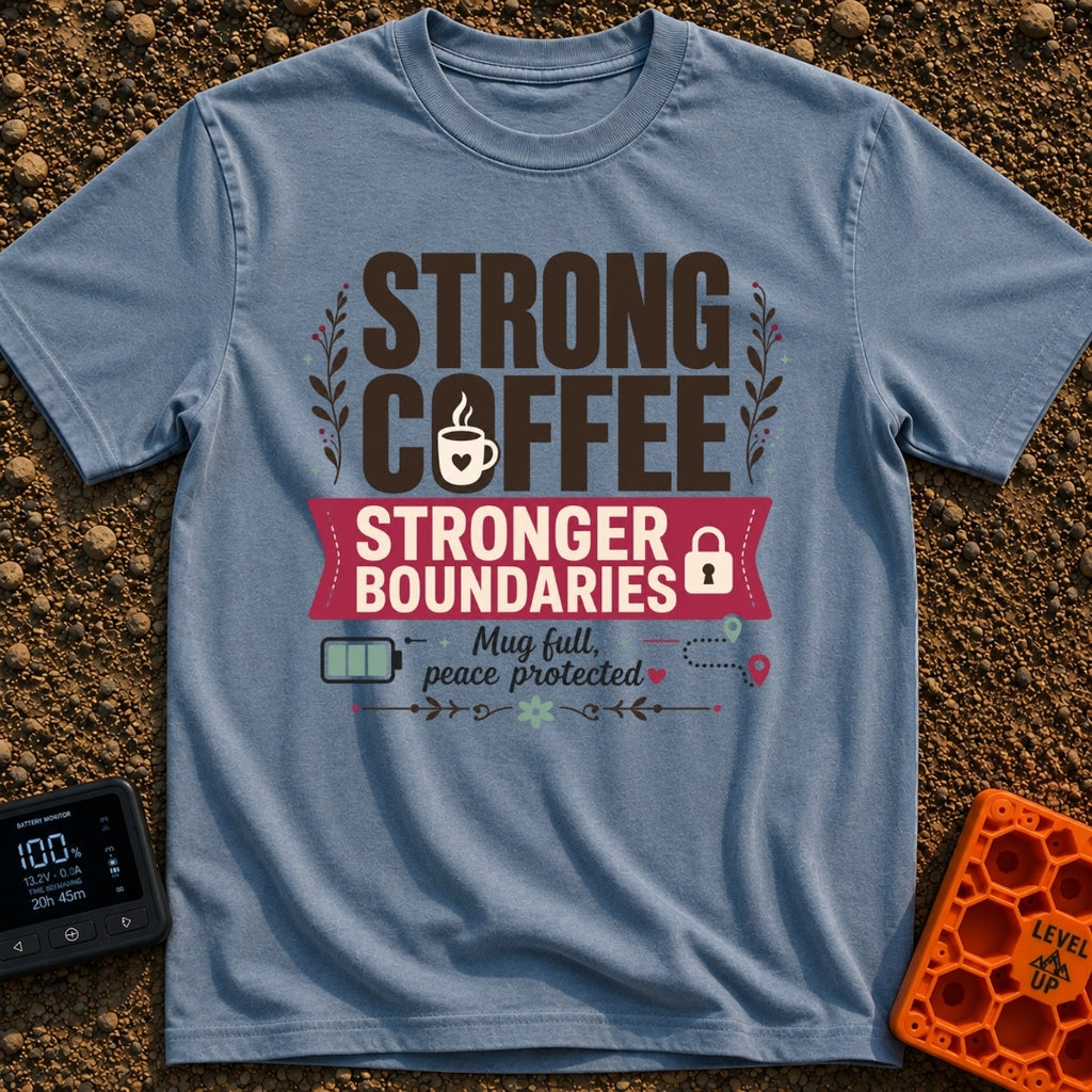 Caffeinated Boundary Boss - T-Shirt in Blue Jean - A typographic design reading "STRONG COFFEE STRONGER BOUNDARIES" and...