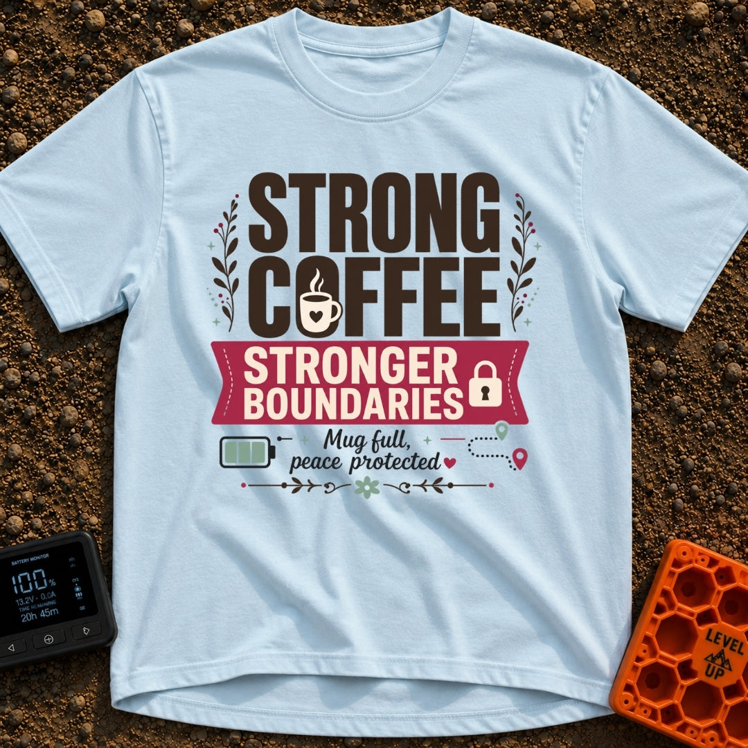 Caffeinated Boundary Boss - T-Shirt in Chambray - A typographic design reading "STRONG COFFEE STRONGER BOUNDARIES" and...