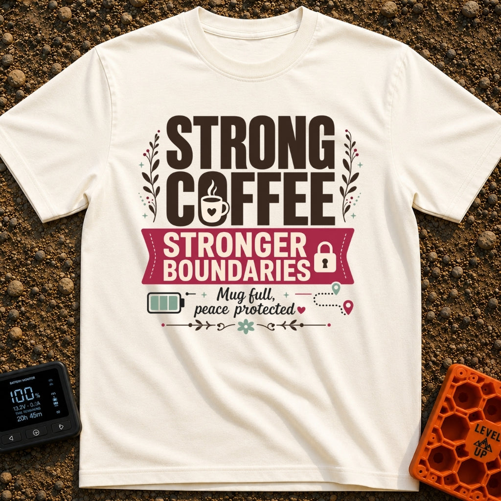 Caffeinated Boundary Boss - T-Shirt in Ivory - A typographic design reading "STRONG COFFEE STRONGER BOUNDARIES" and "Mug...
