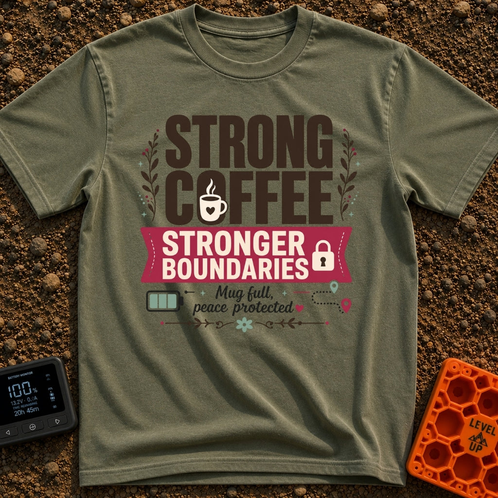 Caffeinated Boundary Boss - T-Shirt in Moss - A typographic design reading "STRONG COFFEE STRONGER BOUNDARIES" and "Mug...