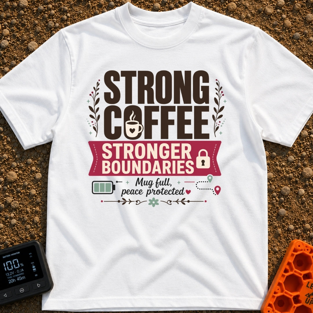 Caffeinated Boundary Boss - T-Shirt in White - A typographic design reading "STRONG COFFEE STRONGER BOUNDARIES" and "Mug...