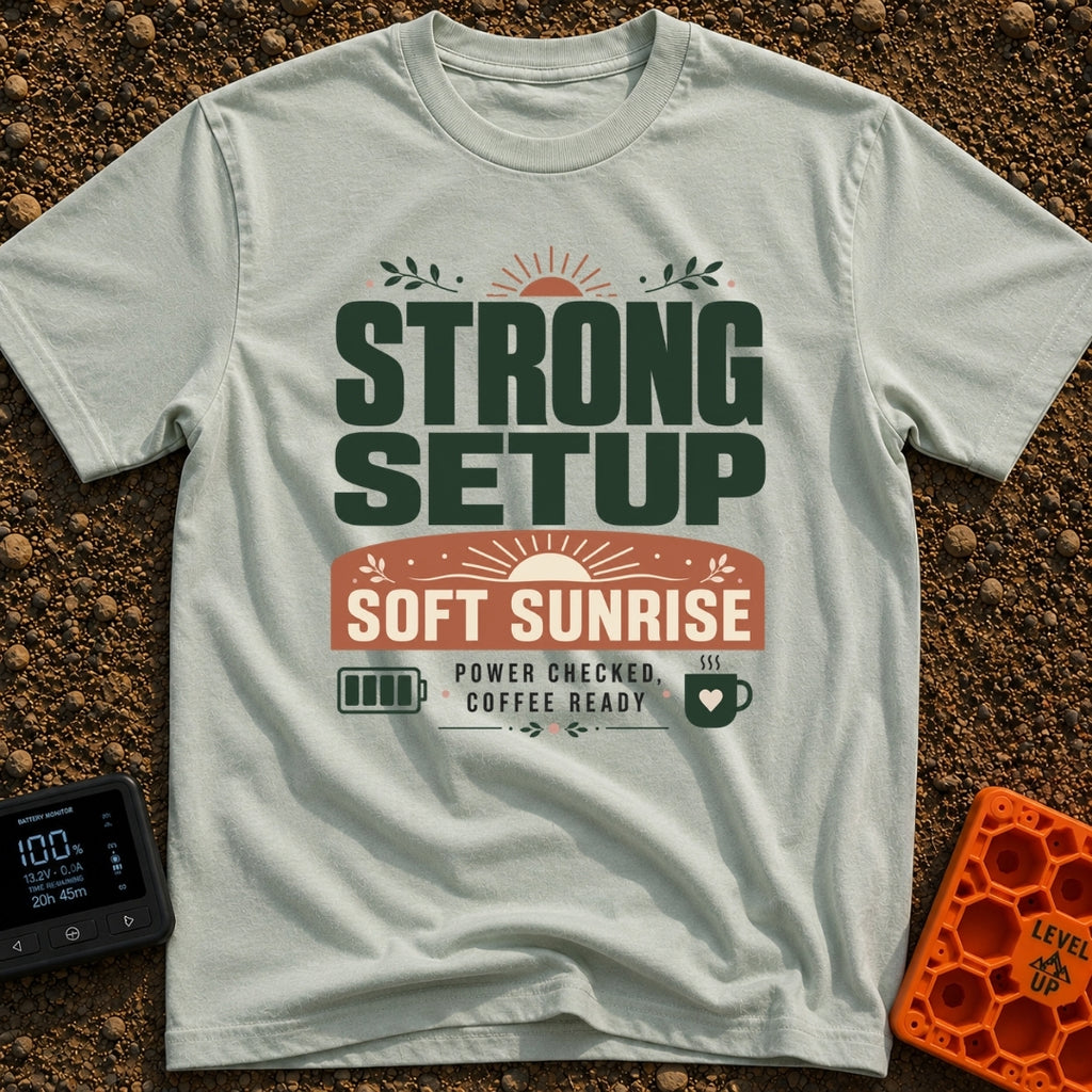 Charged And Caffeinated - T-Shirt in Bay - A typographic design reading "STRONG SETUP SOFT SUNRISE" and "POWER CHECKED,...