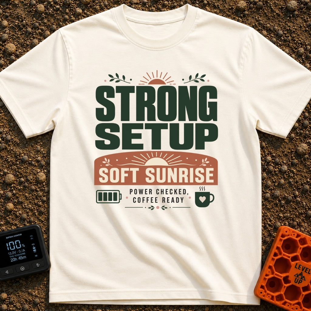 Charged And Caffeinated - T-Shirt in Ivory - A typographic design reading "STRONG SETUP SOFT SUNRISE" and "POWER CHECKED,...