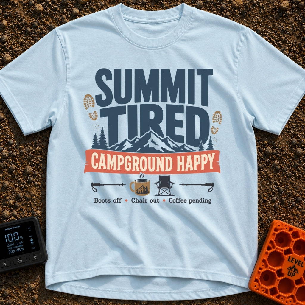 Summit Tired Happy Camper - T-Shirt in Chambray - A graphic design featuring the text 'SUMMIT TIRED' above a mountain...