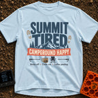 Summit Tired Happy Camper - T-Shirt in Chambray - A graphic design featuring the text 'SUMMIT TIRED' above a mountain...
