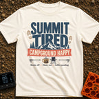 Summit Tired Happy Camper - T-Shirt in Ivory - A graphic design featuring the text 'SUMMIT TIRED' above a mountain...