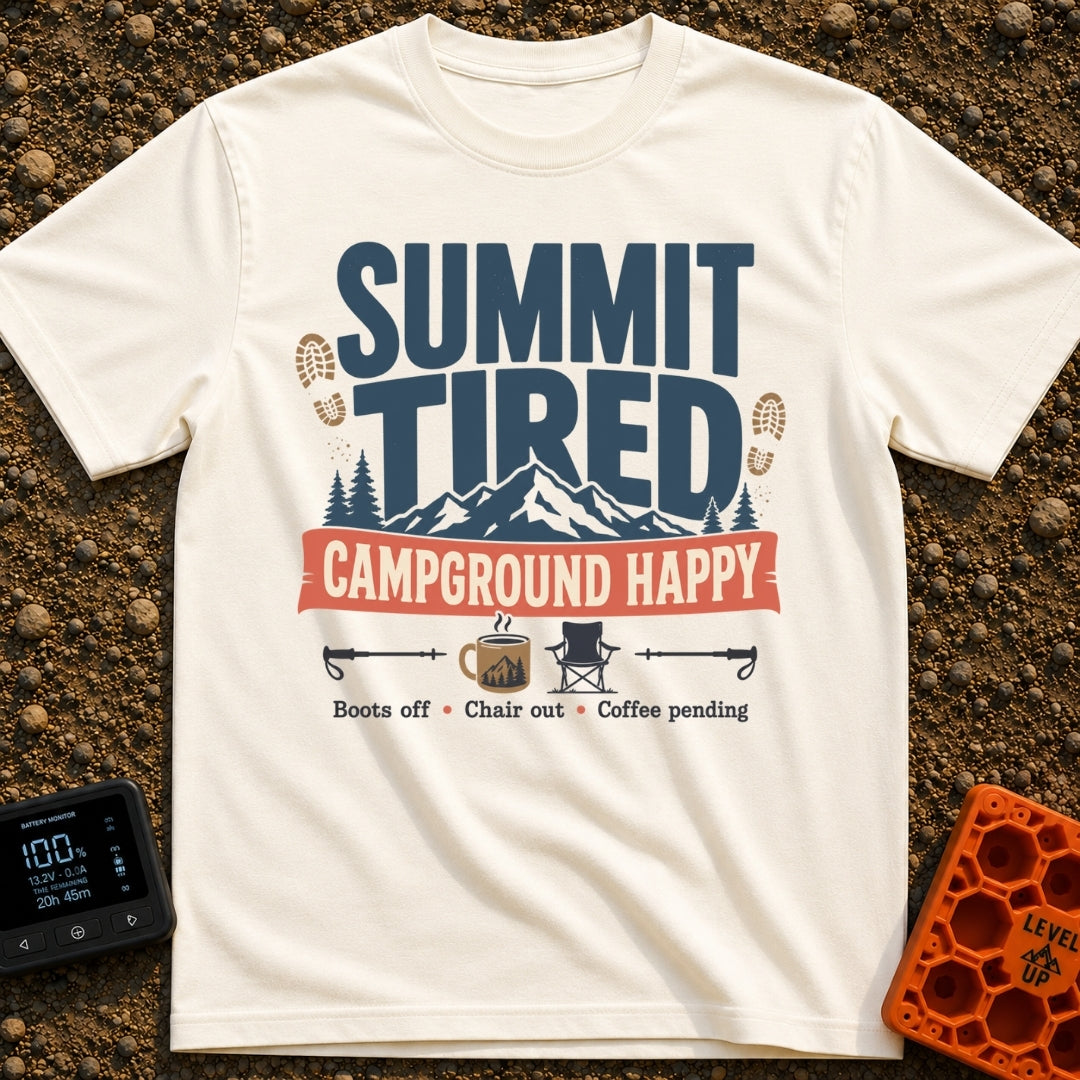 Summit Tired Happy Camper - T-Shirt in Ivory - A graphic design featuring the text 'SUMMIT TIRED' above a mountain...