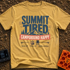 Summit Tired Happy Camper - T-Shirt in Mustard - A graphic design featuring the text 'SUMMIT TIRED' above a mountain...