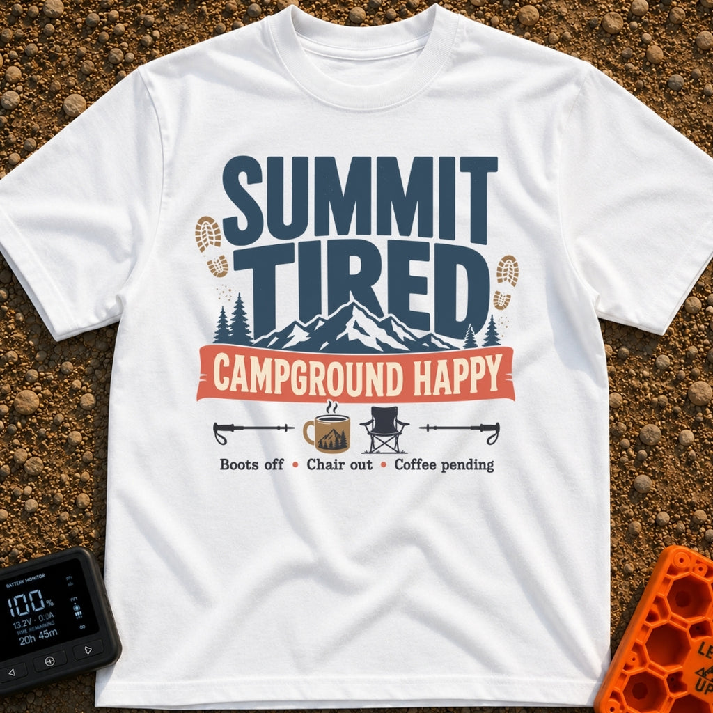 Summit Tired Happy Camper - T-Shirt in White - A graphic design featuring the text 'SUMMIT TIRED' above a mountain...