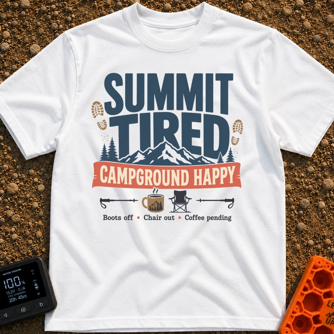 Summit Tired Happy Camper - T-Shirt in White - A graphic design featuring the text 'SUMMIT TIRED' above a mountain...