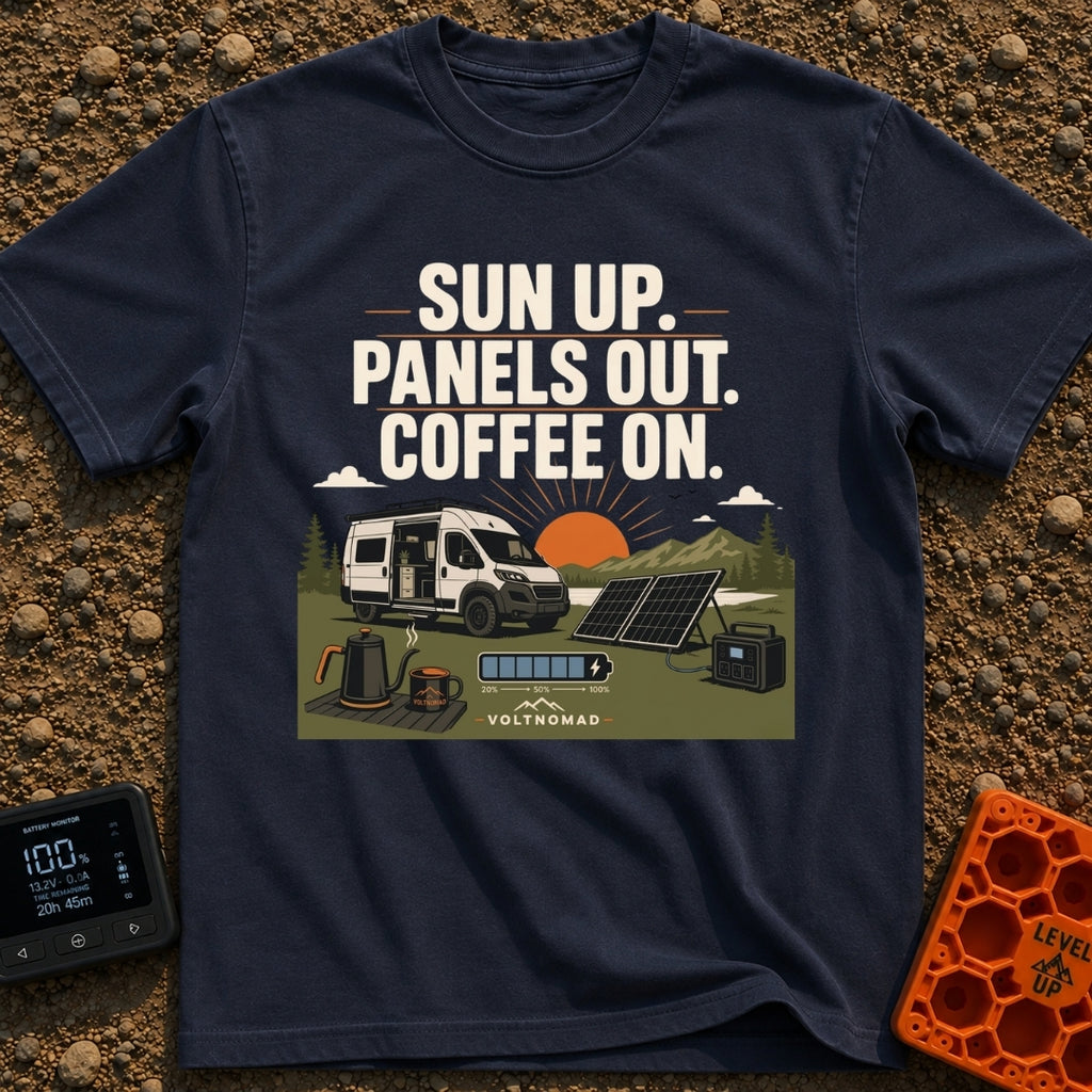 Panels Out Coffee On - T-Shirt in Navy - A white camper van is parked with its side door open near a lake and mountains...