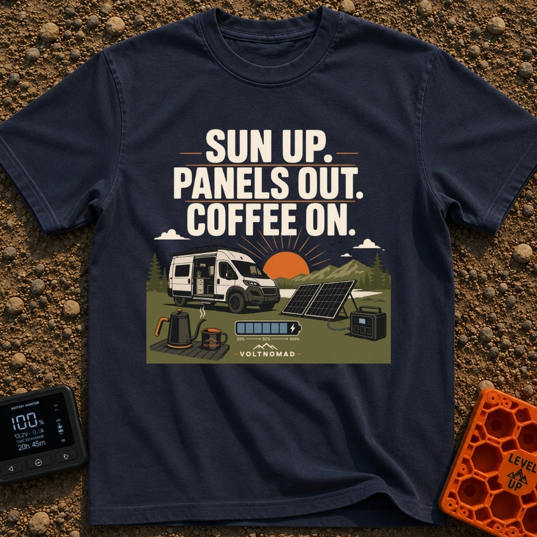 Panels Out Coffee On - T-Shirt in Navy - A white camper van is parked with its side door open near a lake and mountains...
