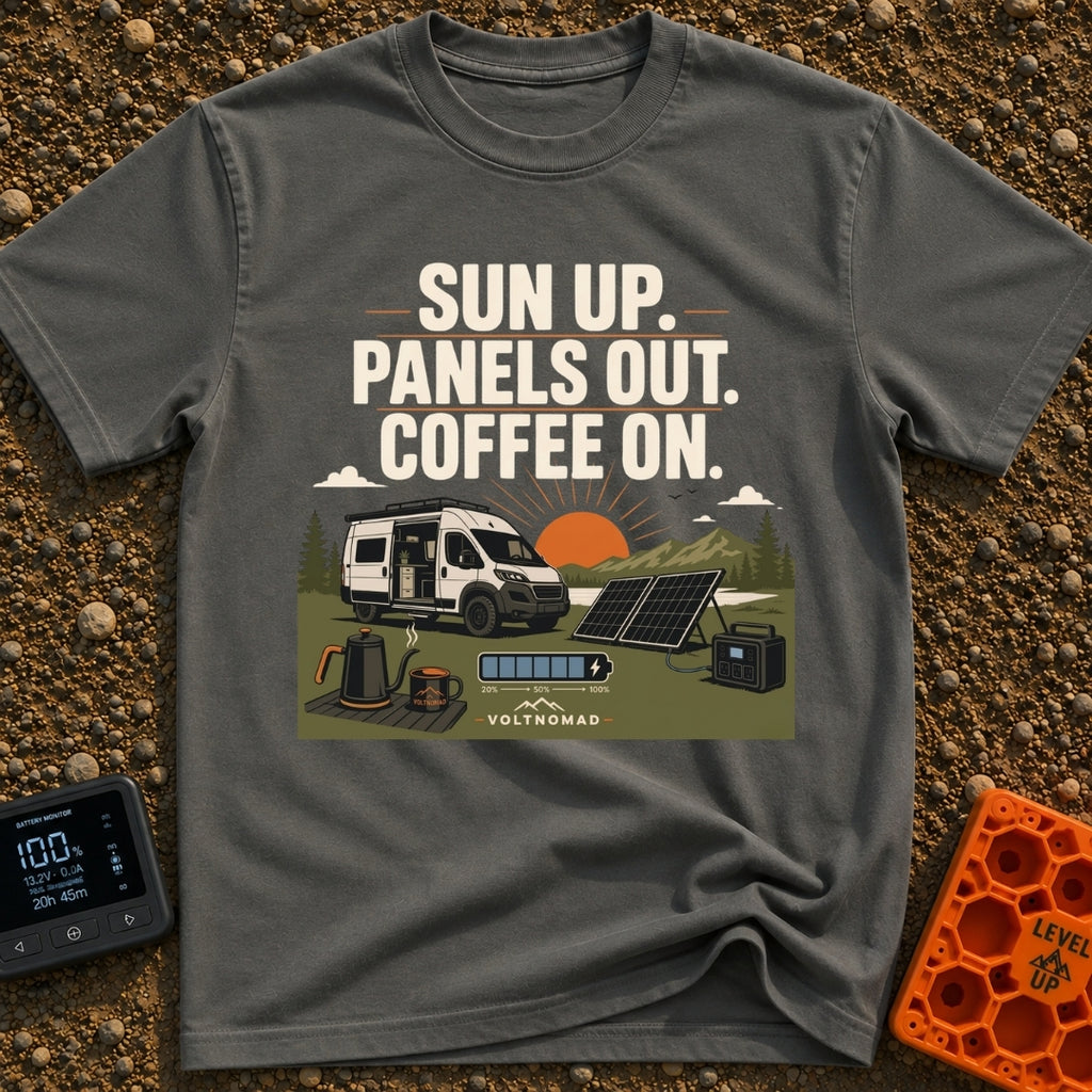 Panels Out Coffee On - T-Shirt in Pepper - A white camper van is parked with its side door open near a lake and mountains...