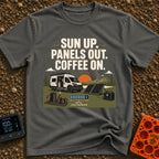 Panels Out Coffee On - T-Shirt in Pepper - A white camper van is parked with its side door open near a lake and mountains...