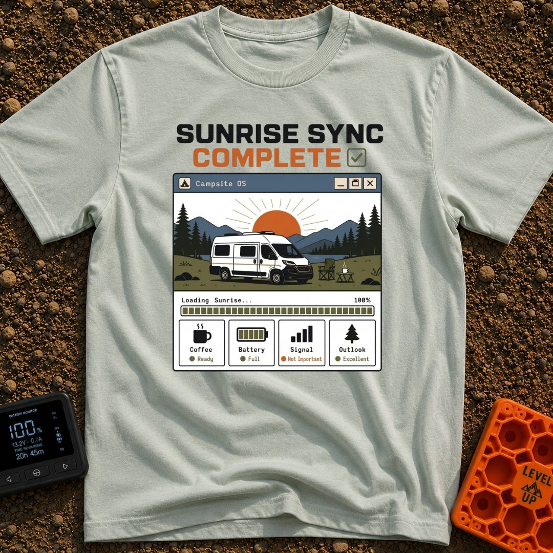 Sunrise Sync Complete - T-Shirt in Bay - A graphic styled as a computer window titled 'Campsite OS' showing a white...