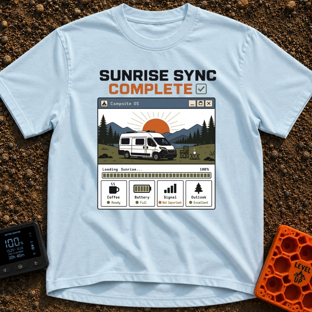 Sunrise Sync Complete - T-Shirt in Chambray - A graphic styled as a computer window titled 'Campsite OS' showing a white...