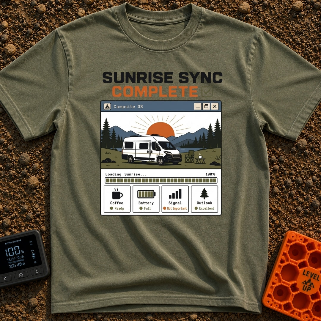 Sunrise Sync Complete - T-Shirt in Moss - A graphic styled as a computer window titled 'Campsite OS' showing a white...