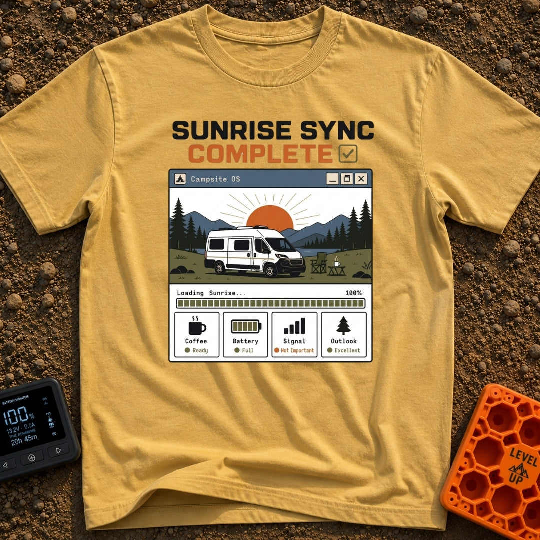 Sunrise Sync Complete - T-Shirt in Mustard - A graphic styled as a computer window titled 'Campsite OS' showing a white...