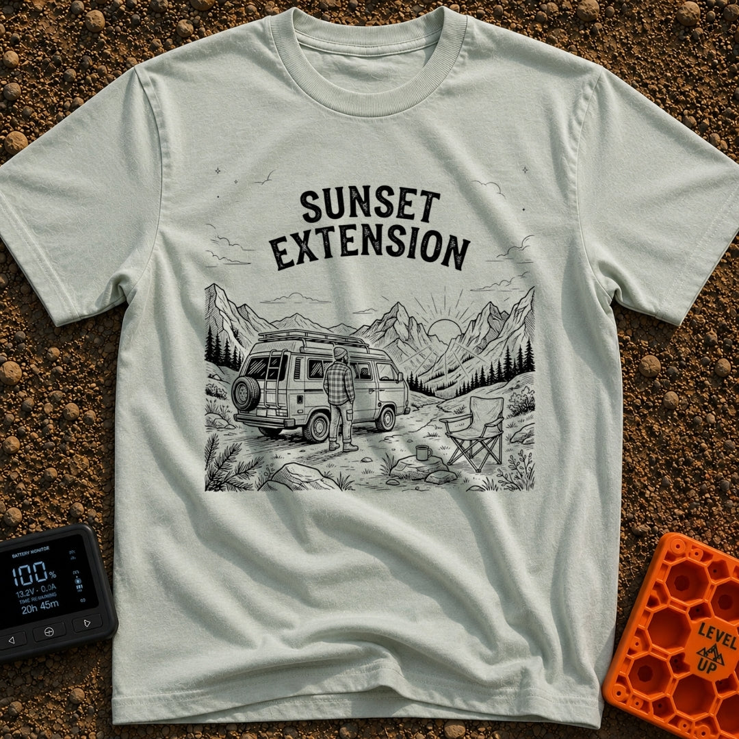 Endless Sunset Views - T-Shirt in Bay - A black and white line drawing of a man in a plaid shirt standing next to a...